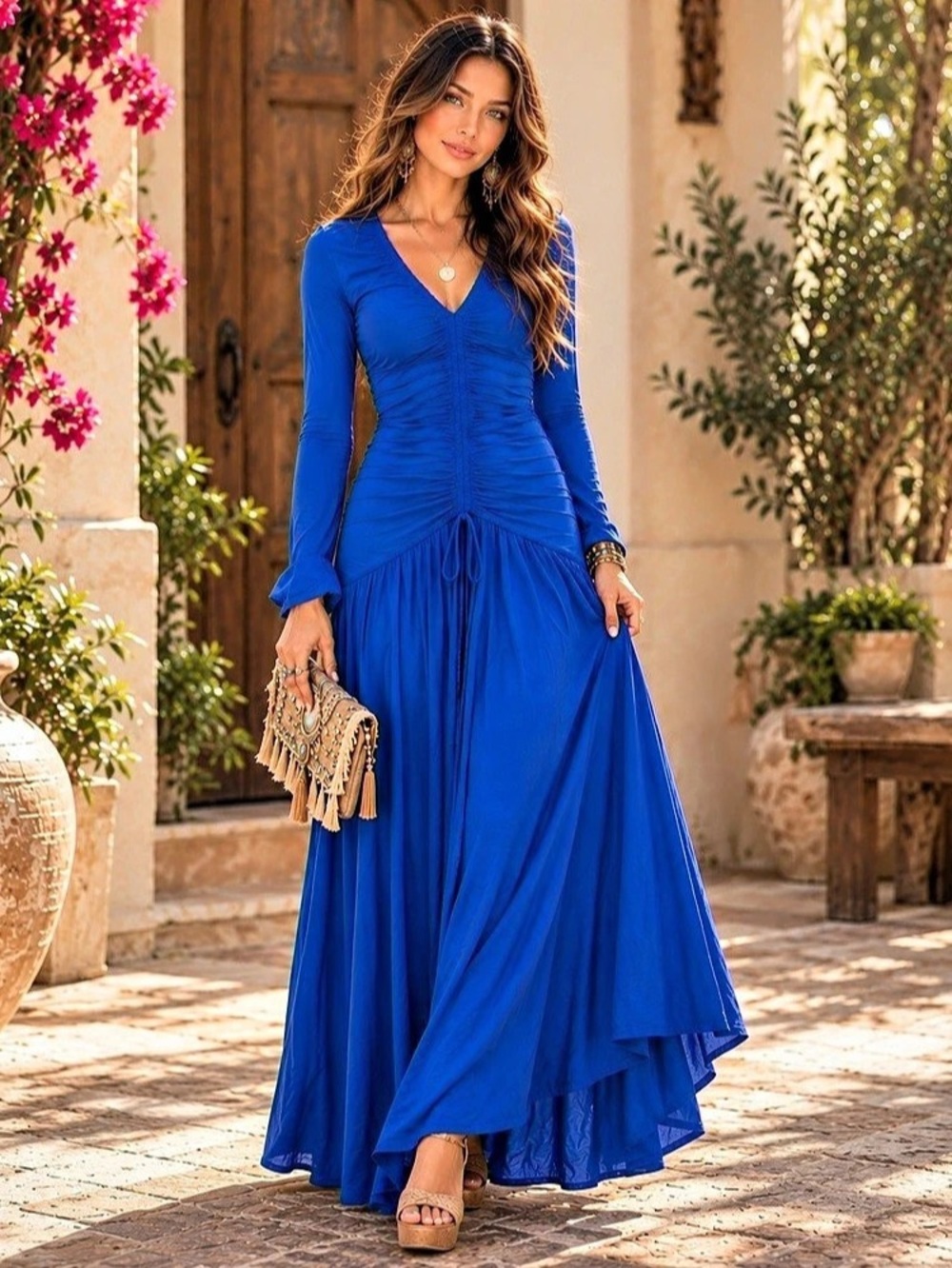 NWT FARM RIO Bohemian Bright Blue Gathered Long Sleeve Maxi Dress, Size XS